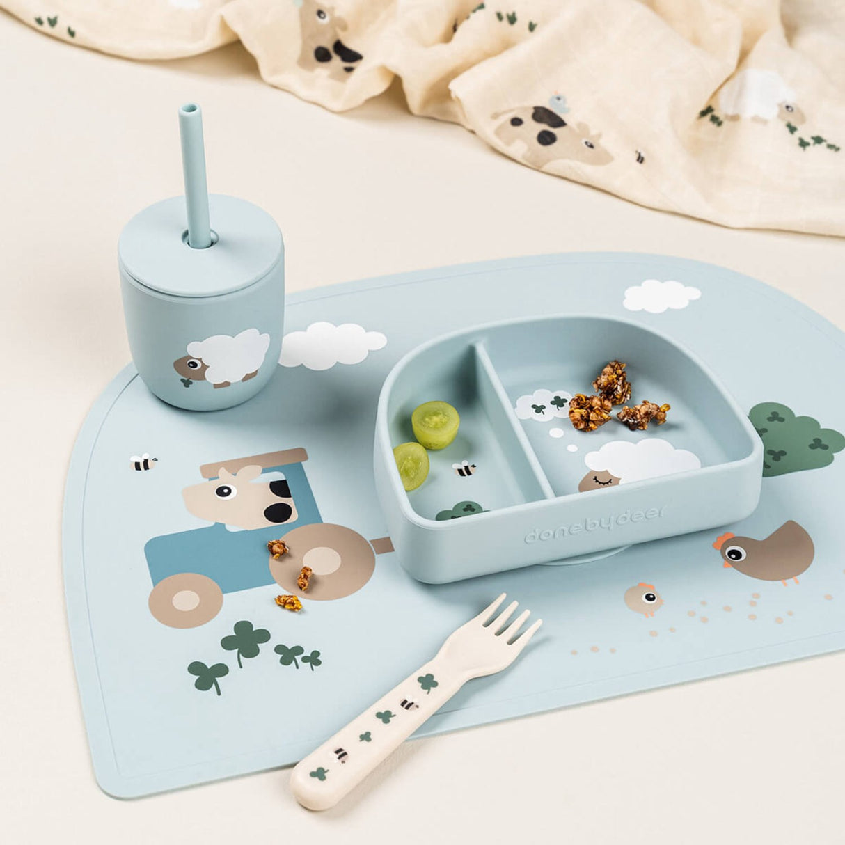 DonebyDeer Tiny Farm Blue Silikone Sugerørskop 2-Pak