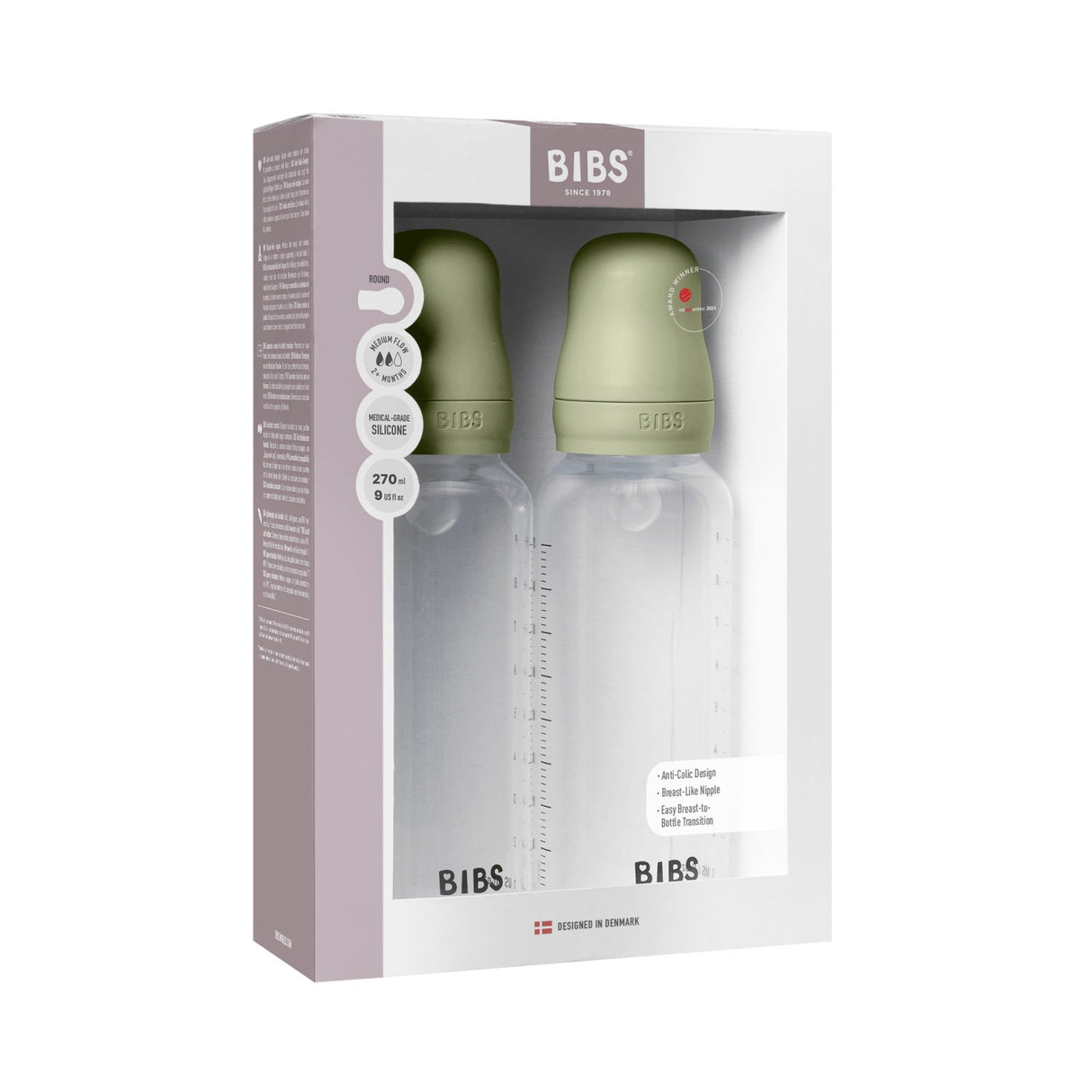 Bibs Sage Baby Flaske Round Silikone 2-Pak 270 Ml Medium Flow