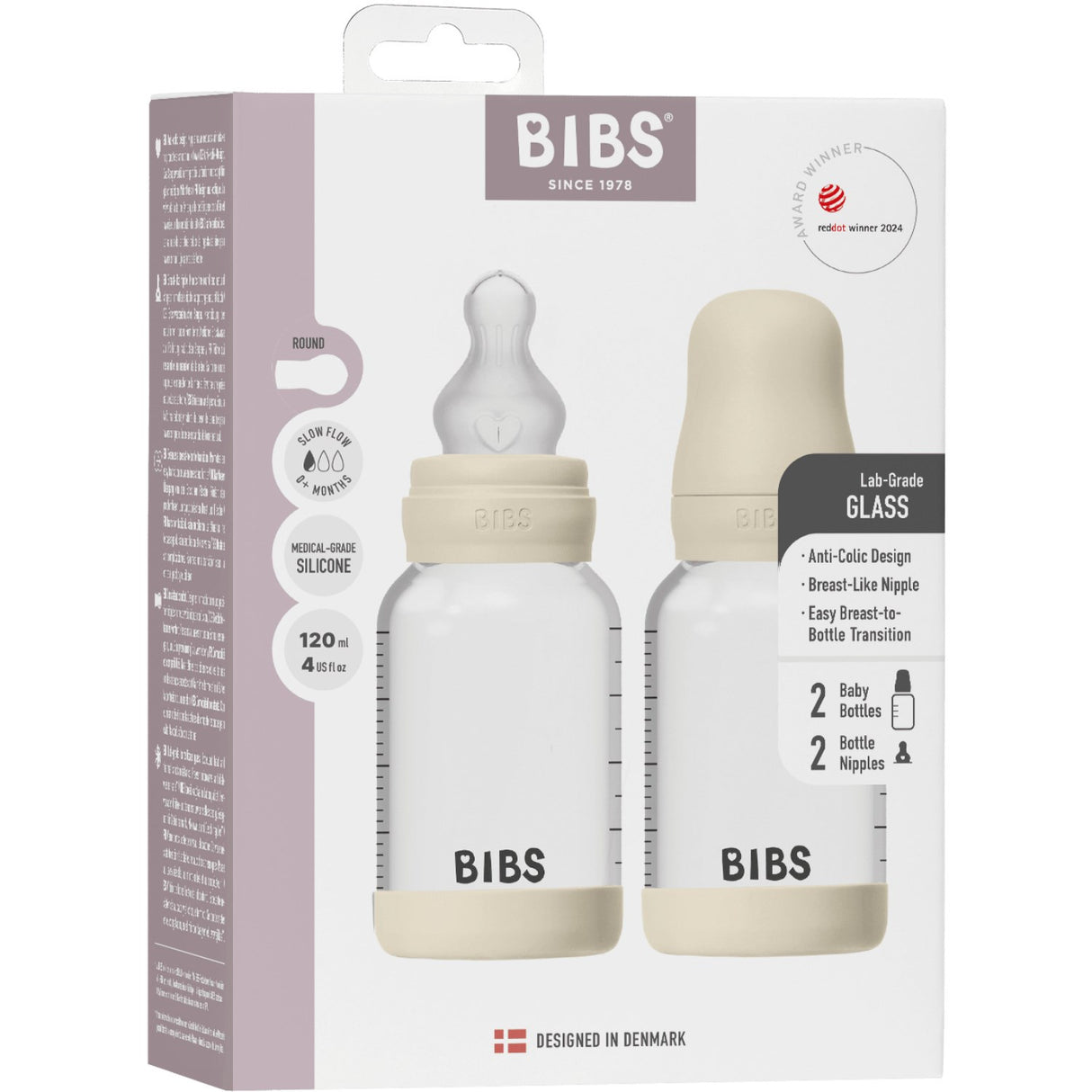 Bibs Ivory Glass Baby Flaske Round Silikone 2-Pak 120 Ml Slow Flow