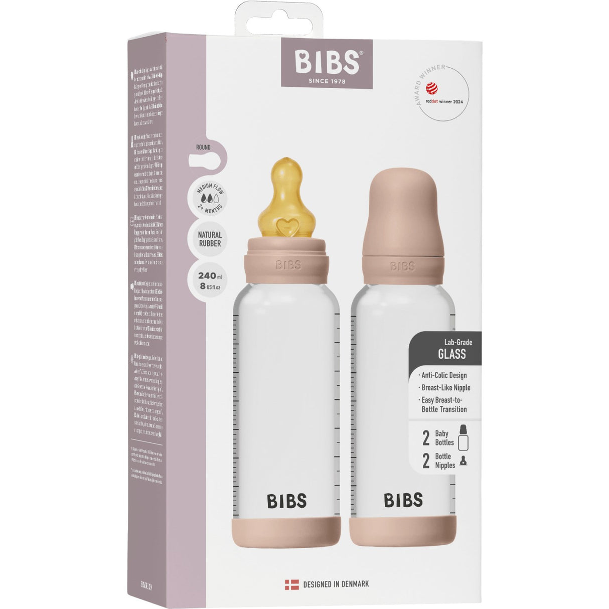 Bibs Blush Glass Baby Flaske Round Latex 2-Pak 240 Ml Medium Flow