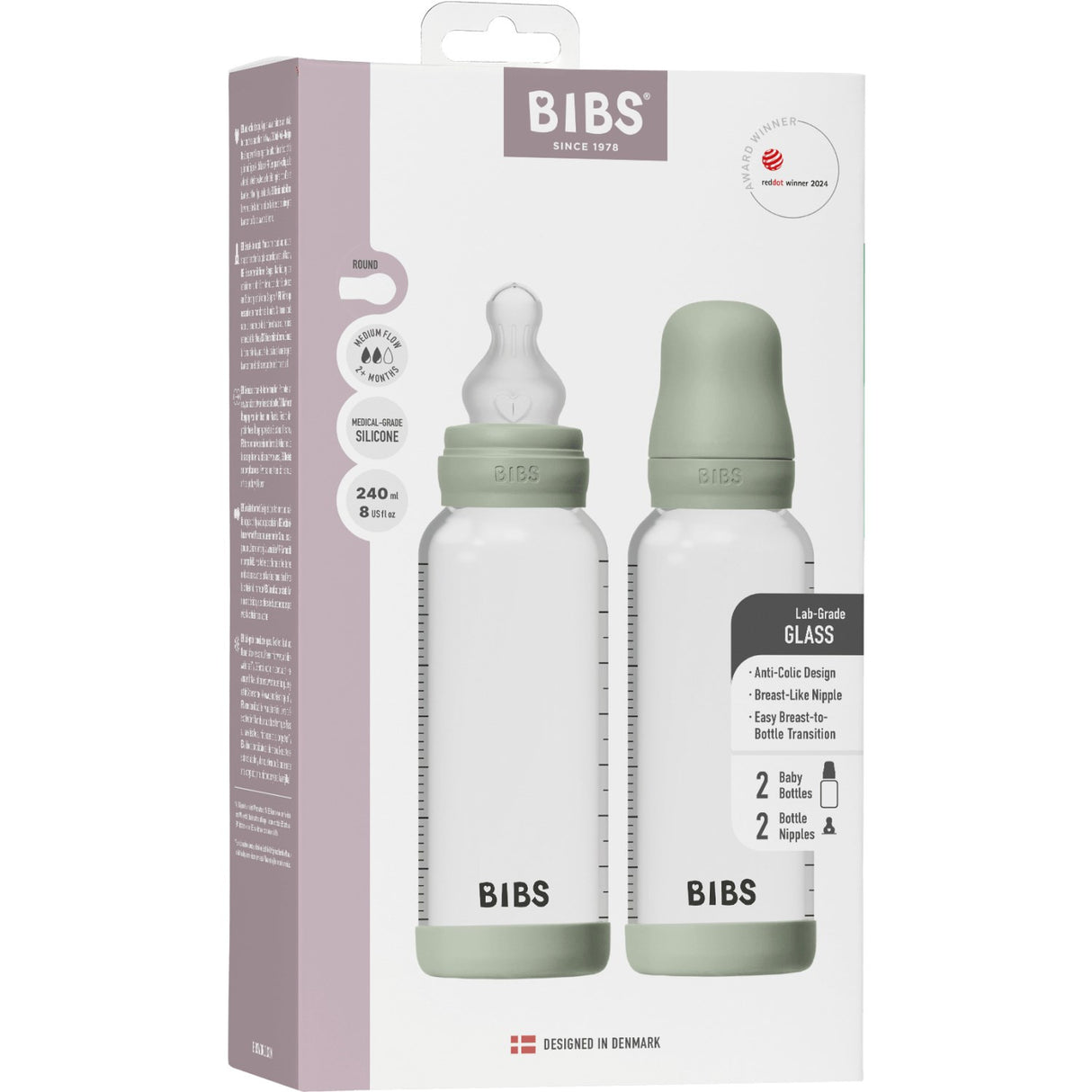 Bibs Sage Glass Baby Flaske Round Silikone 2-Pak 240 Ml Medium Flow