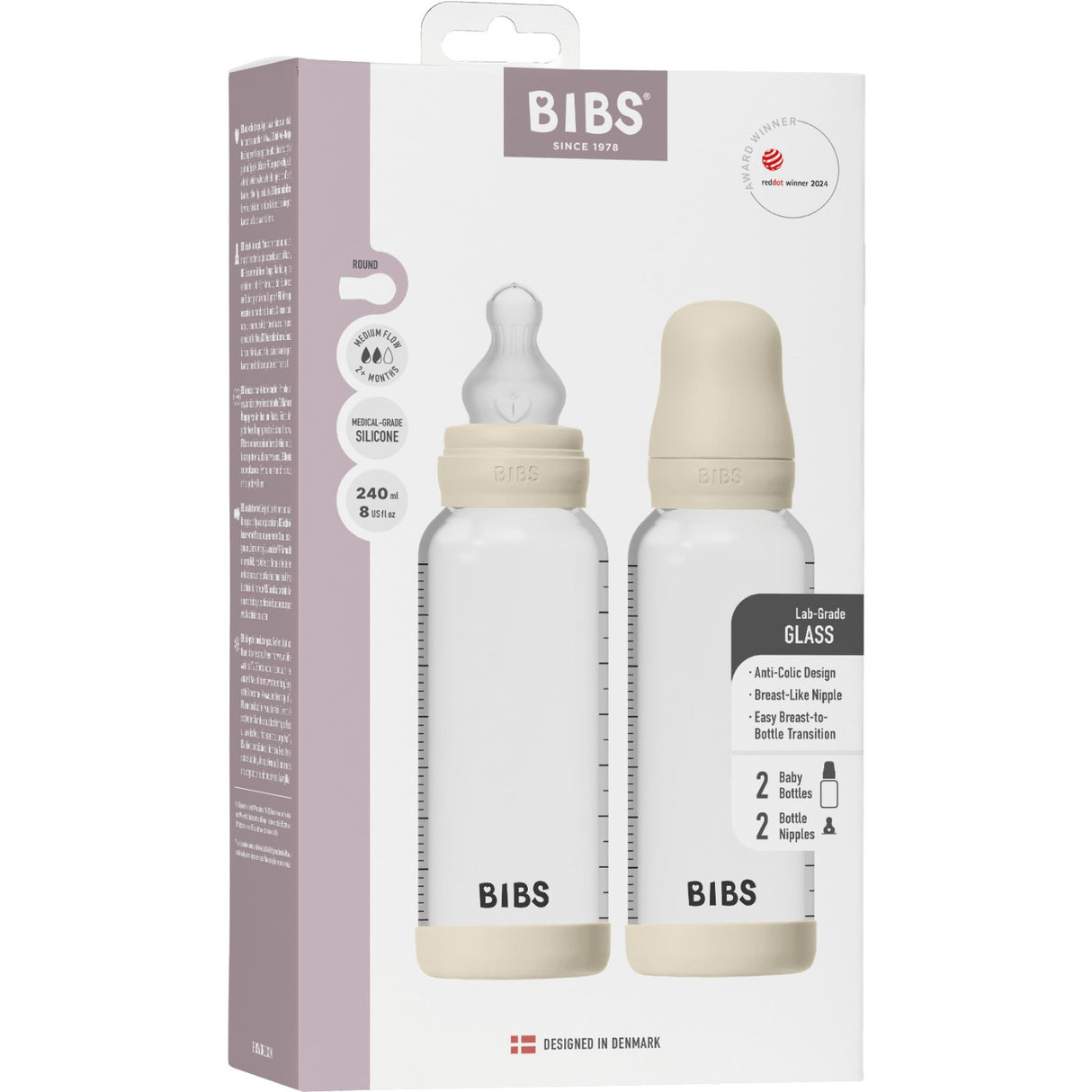 Bibs Ivory Glass Baby Flaske Round Silikone 2-Pak 240 Ml Medium Flow
