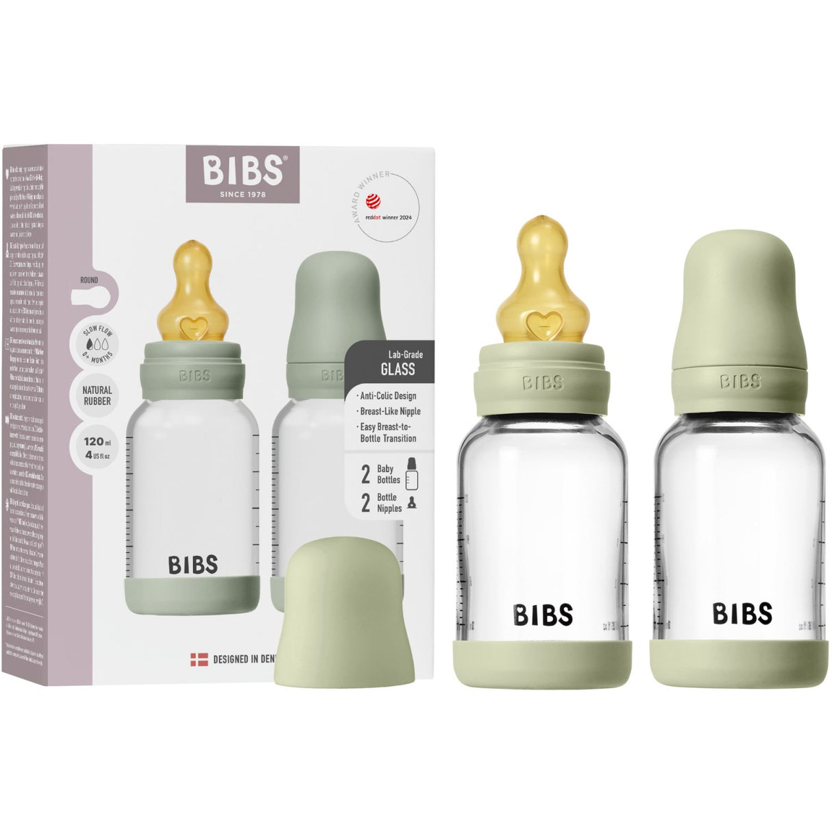 Bibs Sage Glass Baby Flaske Round Latex 2-Pak 120 Ml Slow Flow
