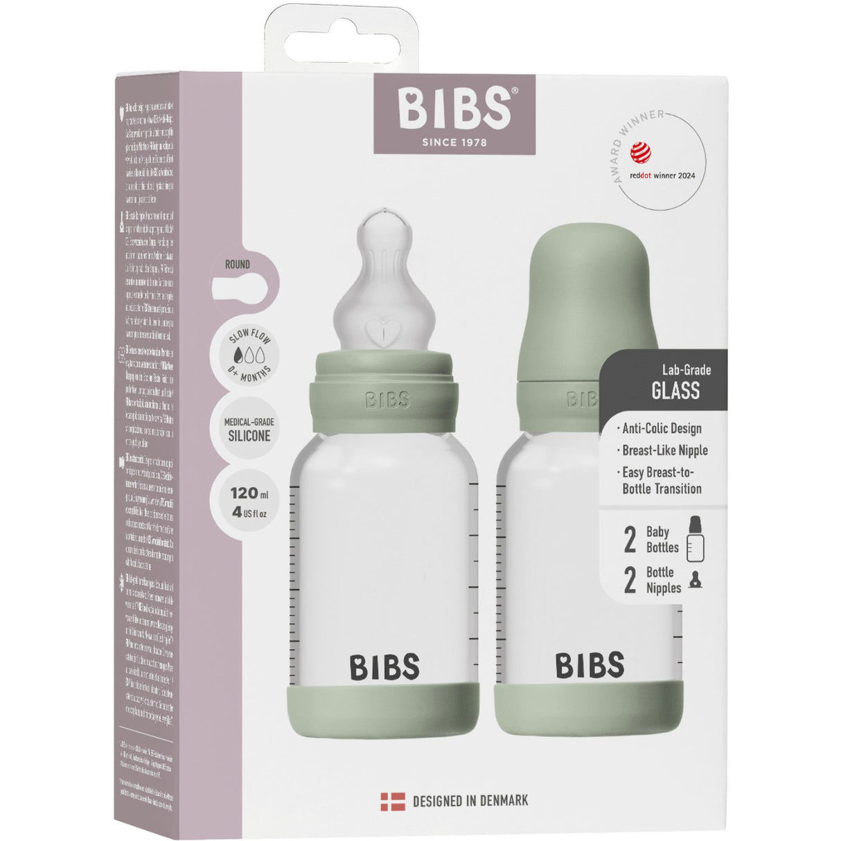 Bibs Sage Glass Baby Flaske Round Silikone 2-Pak 120 Ml Slow Flow