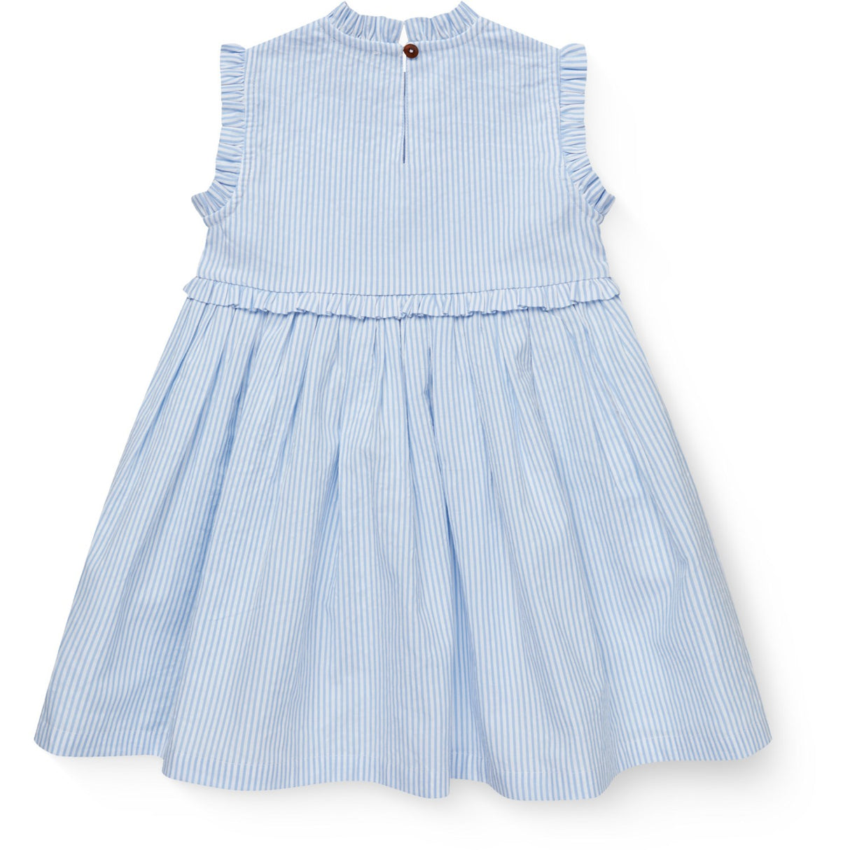 COPENHAGEN COLORS Sky Blue W Cream Stripe Seersucker Kjole W. Ruffles Og Emb.