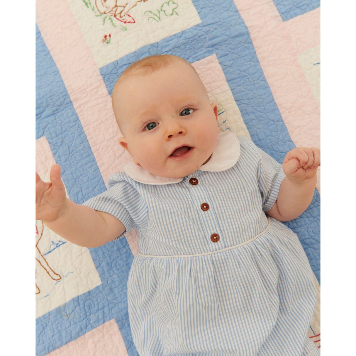 COPENHAGEN COLORS Sky Blue W Cream Stripe Seersucker Romper W. Krave