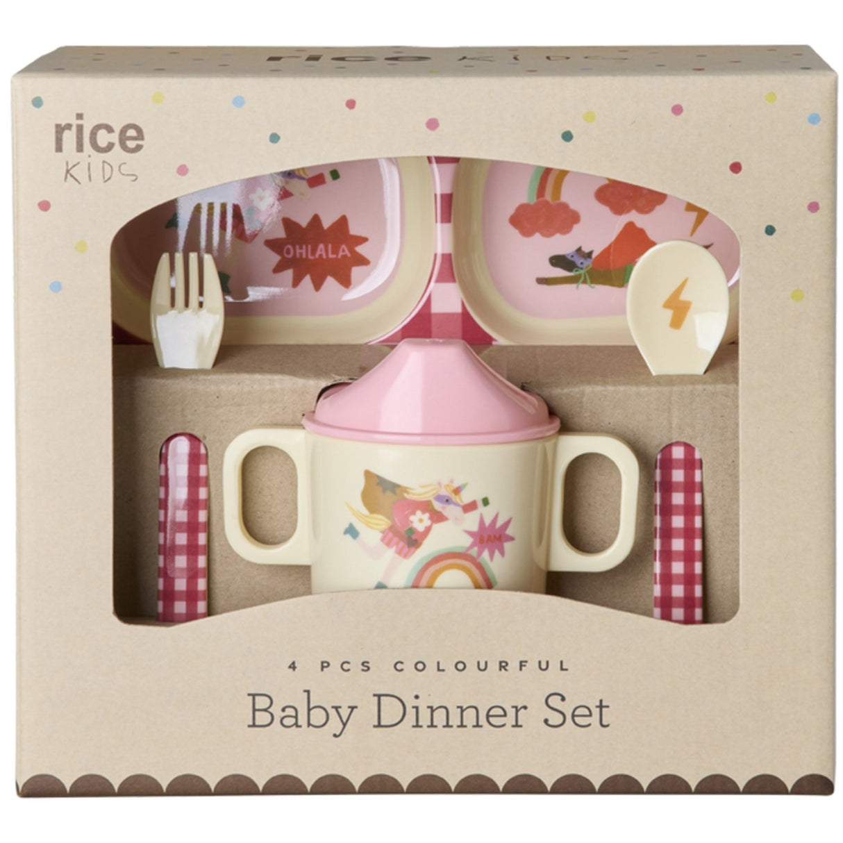 Rice Melamin Baby Dinner Sæt In Giftbox - Hero Print - Pink - 4 Pcs