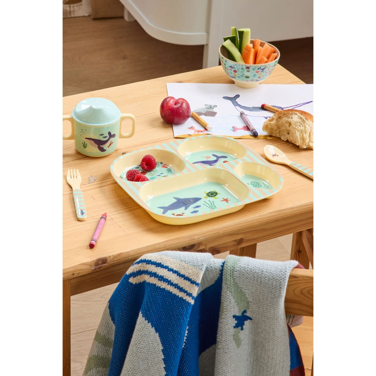 Rice Melamin Baby Dinner Sæt In Gift Box - Blue Ocean Print - 4 Pcs