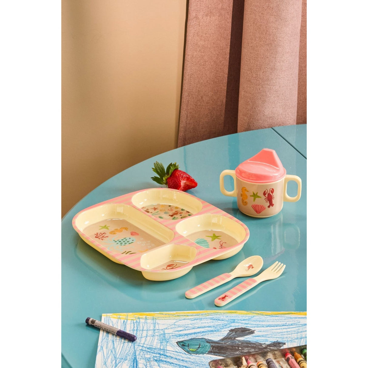 Rice Melamin Baby Dinner Sæt In Gift Box - Coral Ocean Print - 4 Pcs