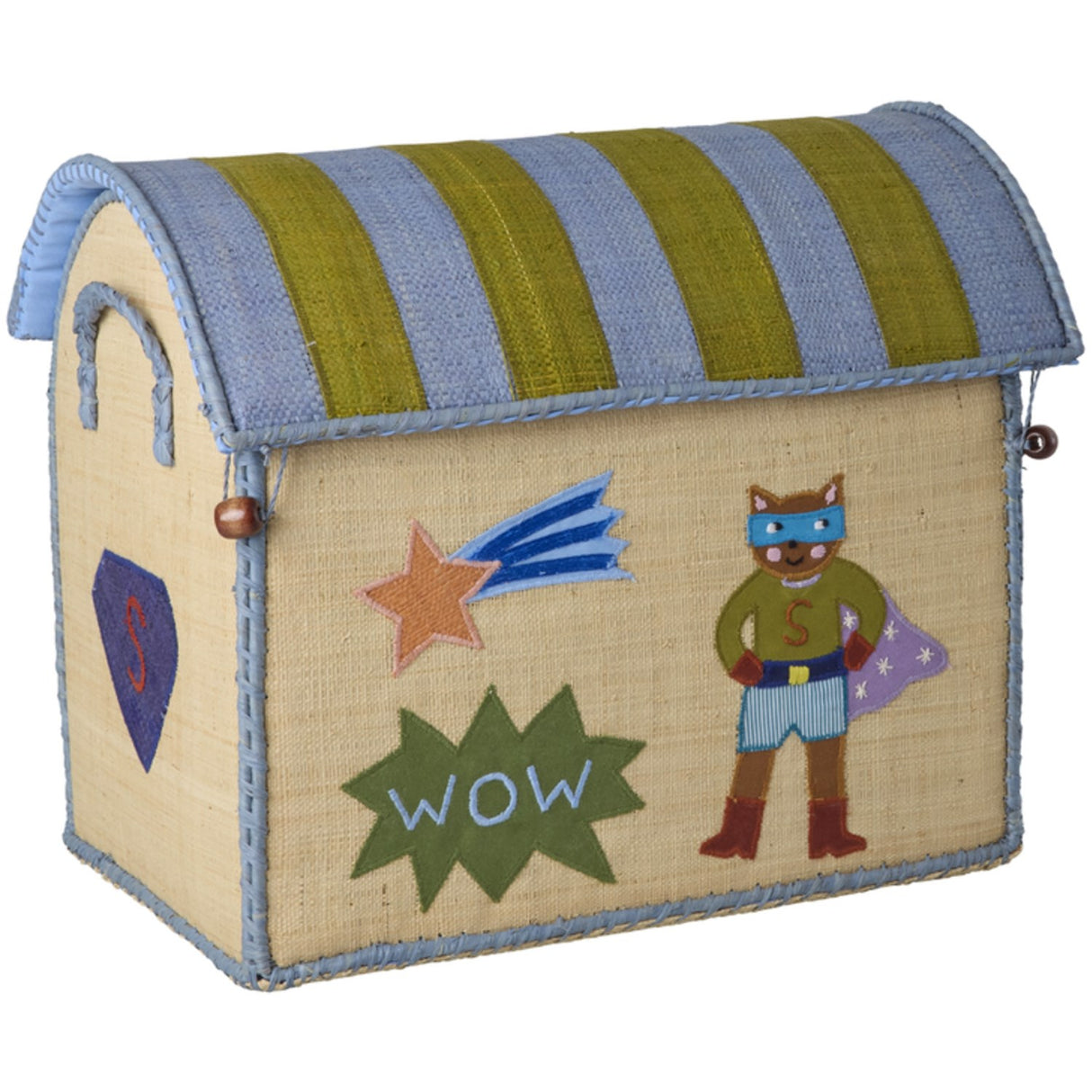 Rice Raffia Legetøj Baskets Med Hero Theme - Blue - Sæt Of 3