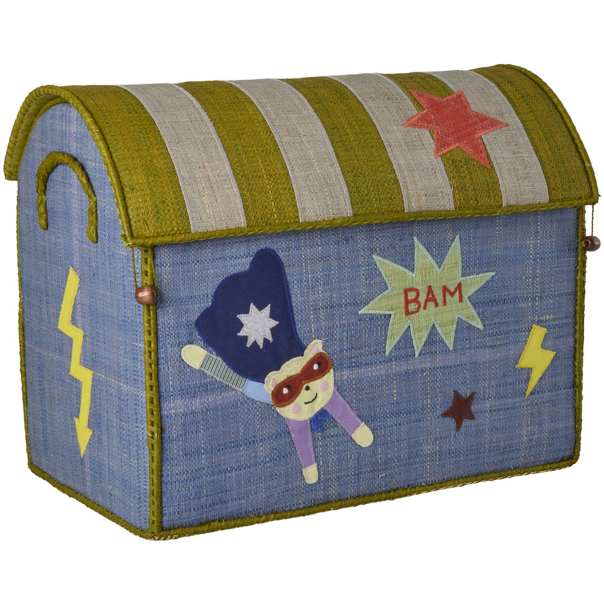 Rice Raffia Legetøj Baskets Med Hero Theme - Blue - Sæt Of 3