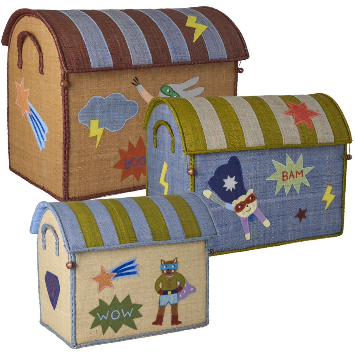 Rice Raffia Legetøj Baskets Med Hero Theme - Blue - Sæt Of 3