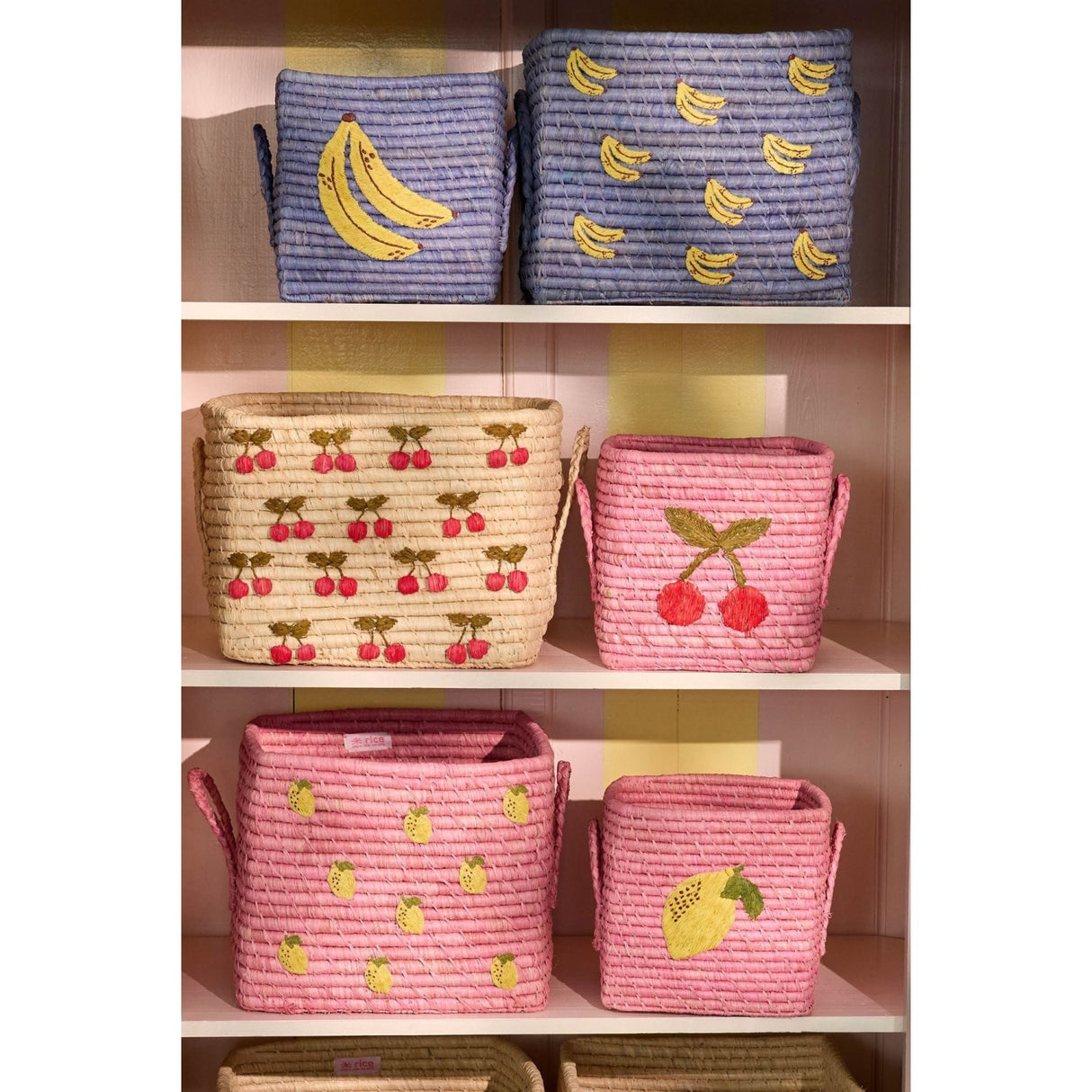 Rice Raffia Square Kurv Med Small Lemons All Over Embroidery Og Raffia Handles