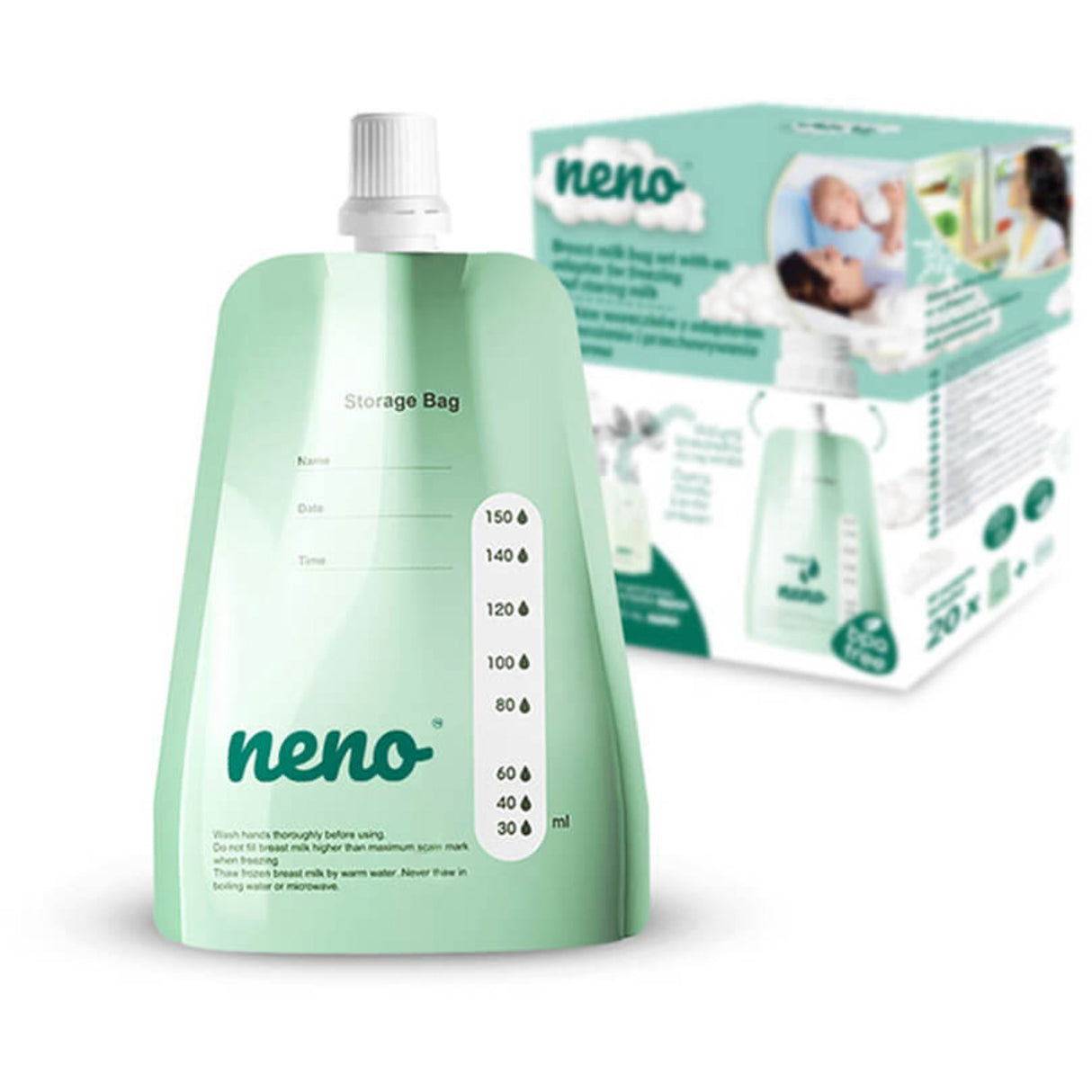 Neno Grøn Opbevaringsposer Brystmælk 20 Poser + Adapter