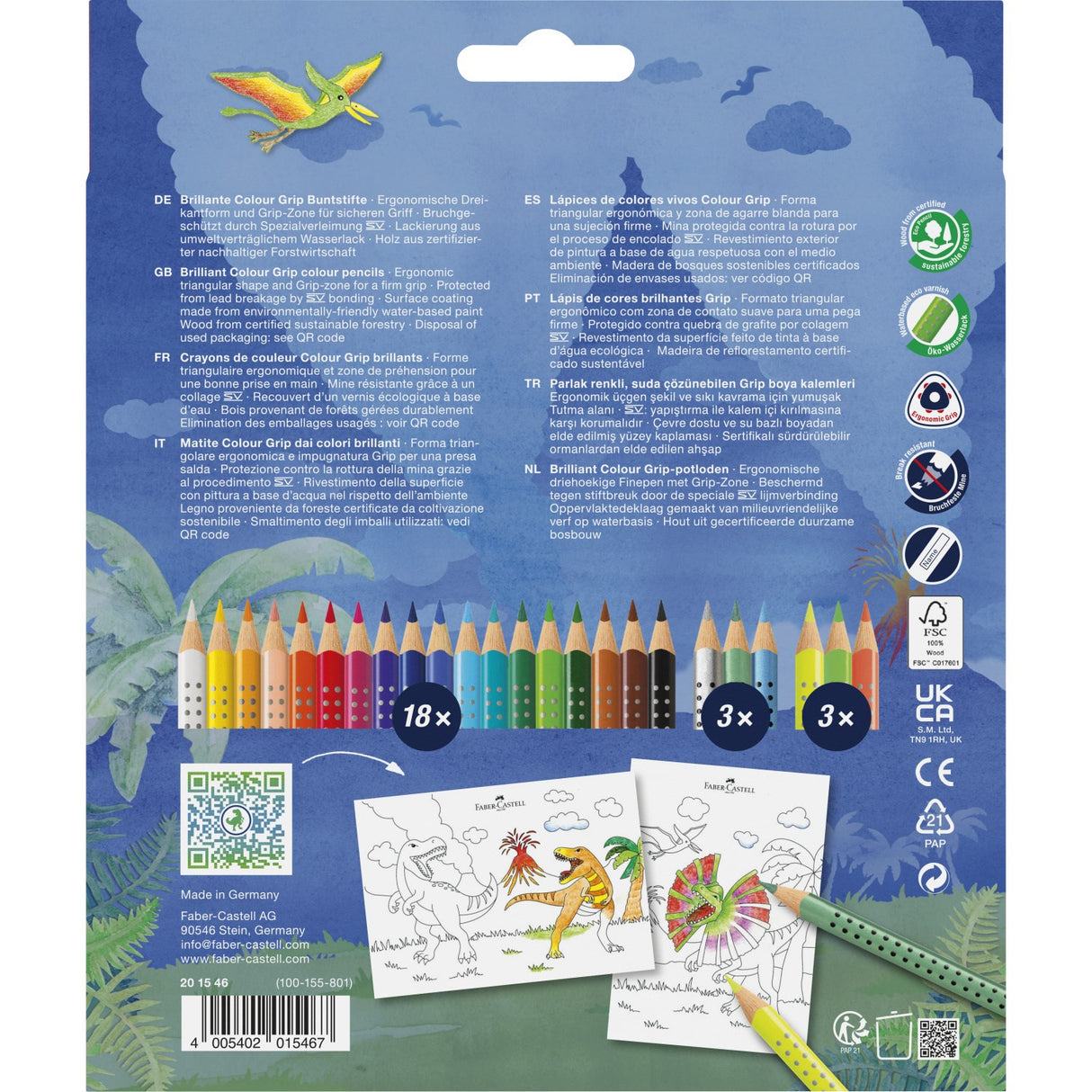 Faber-Castell 18+6 Grip Akvarel Farveblyanter + Klistermærker, Dinosaur