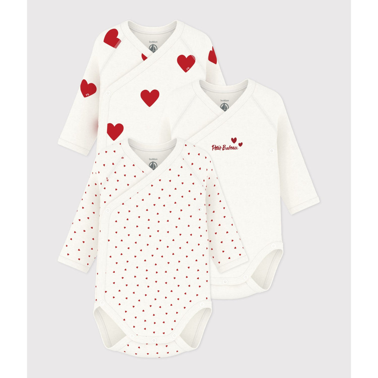 Petit Bateau Hearts/White Langærmet Body 3-Pak