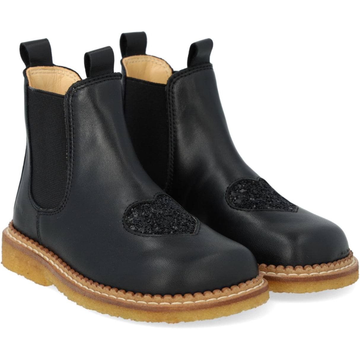 Angulus Black/Black Glitter/Black Elastic Chelsea Støvle Med Hjerte