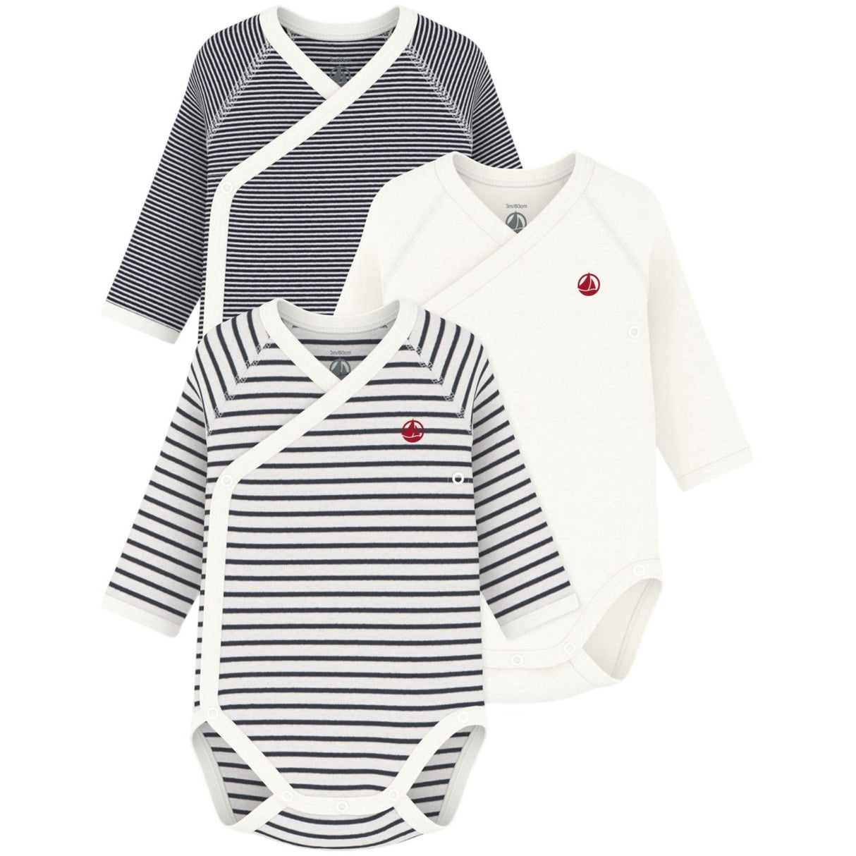 Petit Bateau Navy/White 3-Pak Langærmet Body