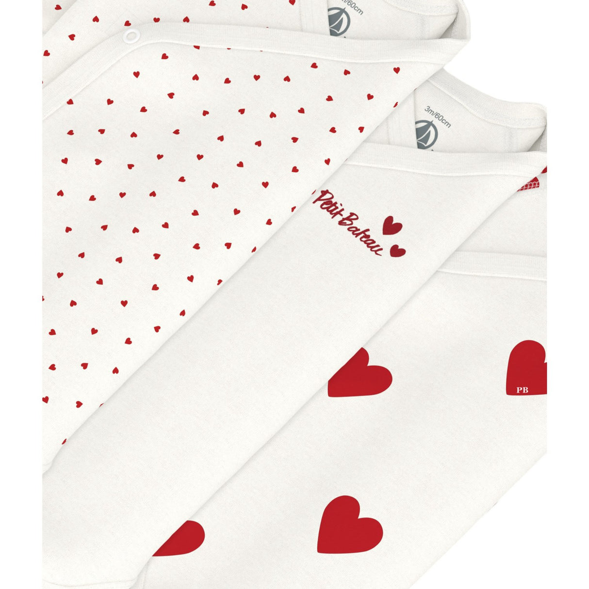 Petit Bateau Hearts/White Langærmet Body 3-Pak