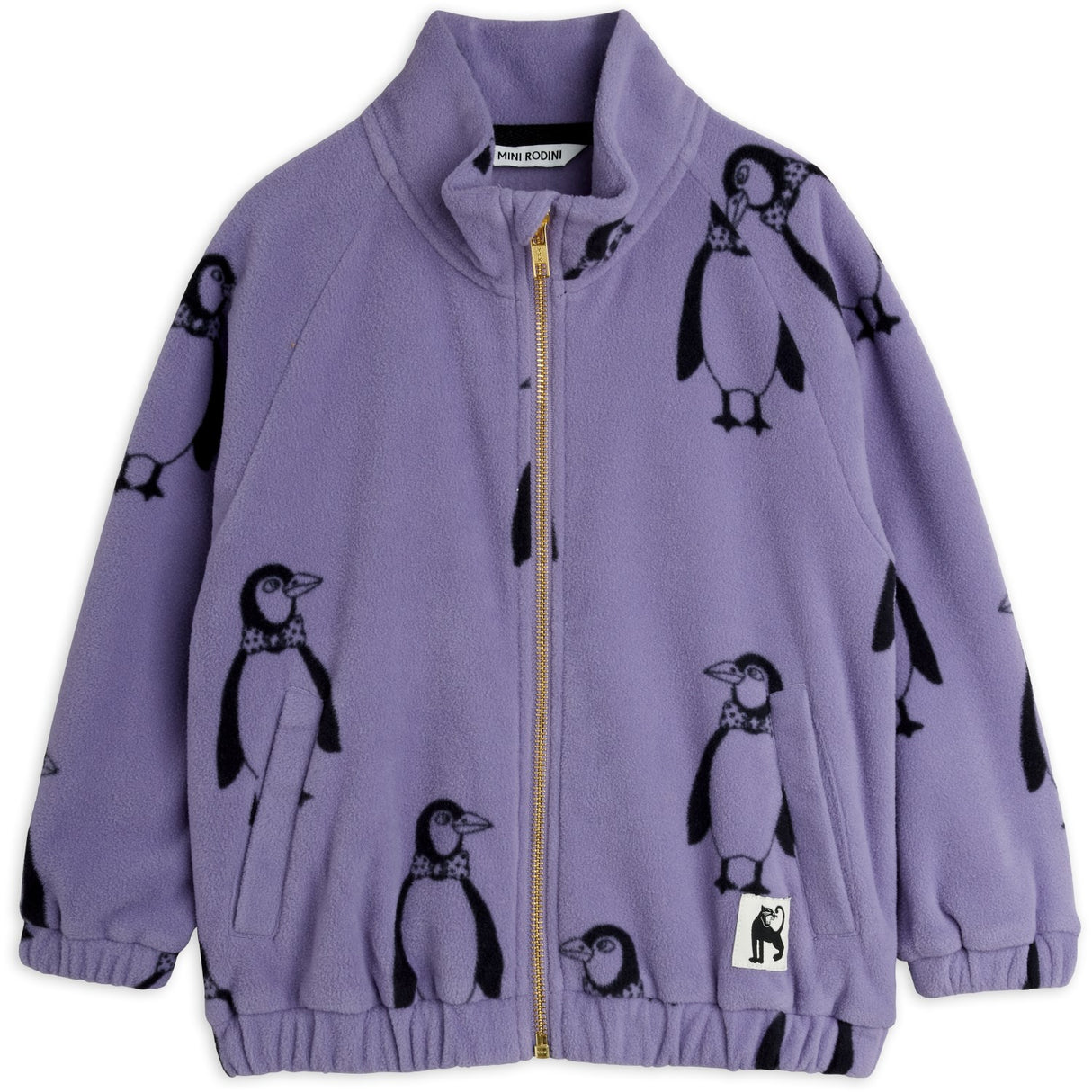 Mini Rodini Purple Penguin AOP Fleece Jakke