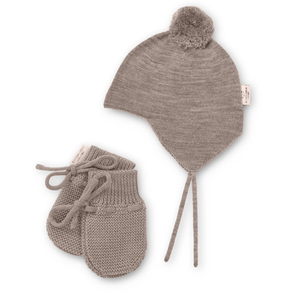 COPENHAGEN COLORS Natural Melange Merino Strikket Baby Bonnet M/ Pompom + Baby Vanter