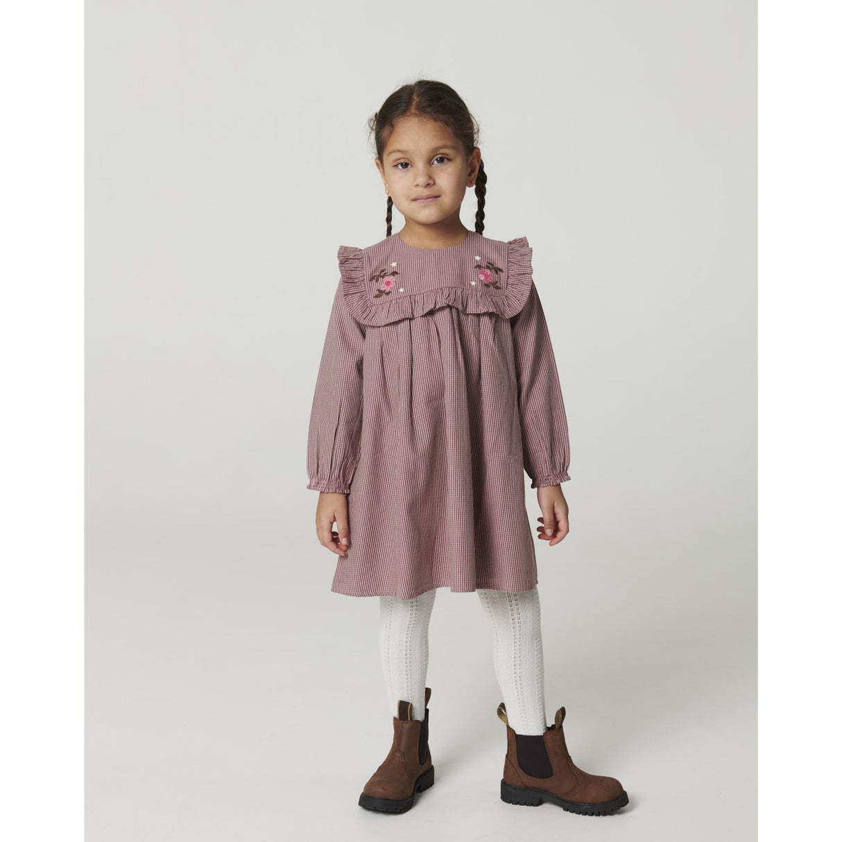 COPENHAGEN COLORS Winter Rose Check Comb Long-Sleeved Kjole Med All-Over Embroidery