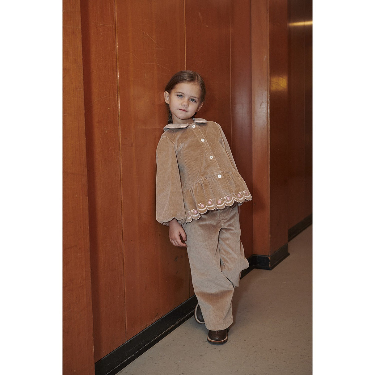 COPENHAGEN COLORS Beige Corduroy Pant M/ Wide Leg & Emb. On Backside Lomme