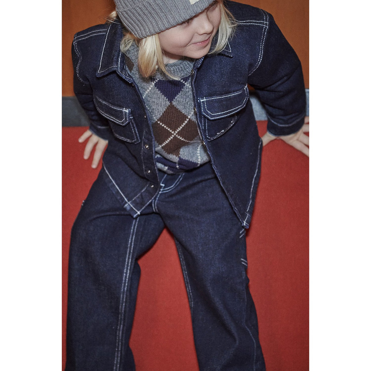 COPENHAGEN COLORS Grey Mel./Dk. Brown/Navy Comb. Argyle Strikket Pullover