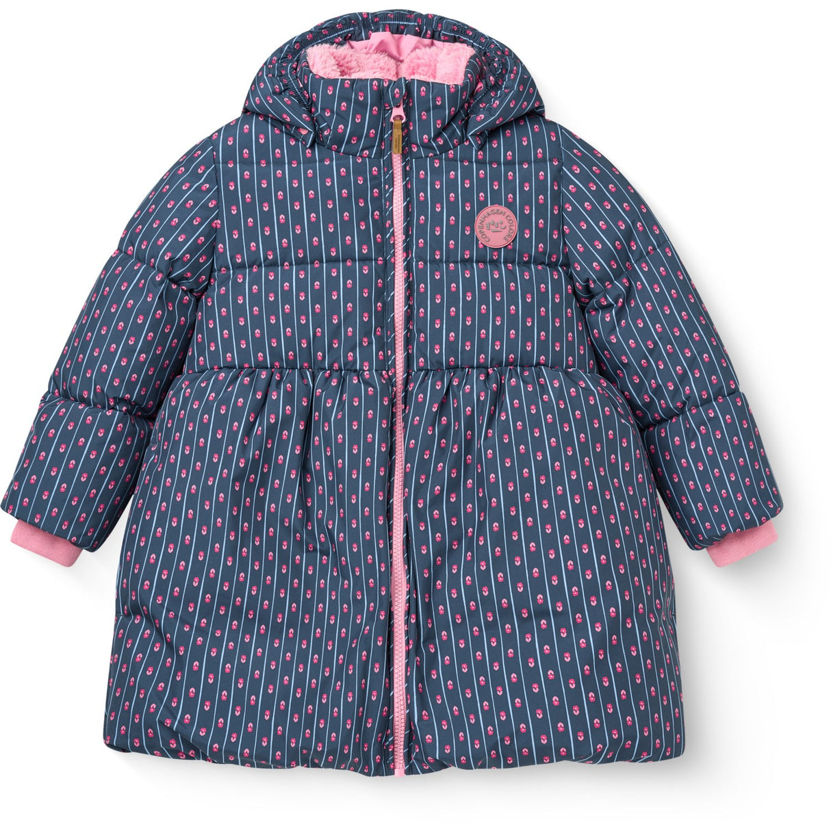 COPENHAGEN COLORS Navy Flower Aop Puffer Long Flæse Jakke M/ Teddy Lining