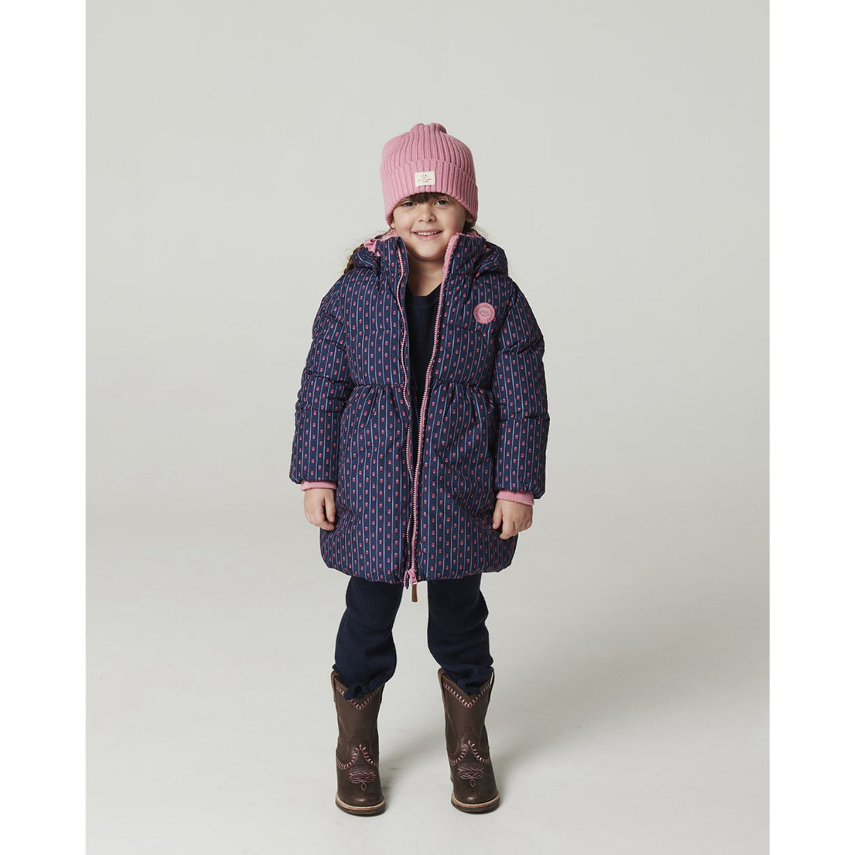 COPENHAGEN COLORS Navy Flower Aop Puffer Long Flæse Jakke M/ Teddy Lining