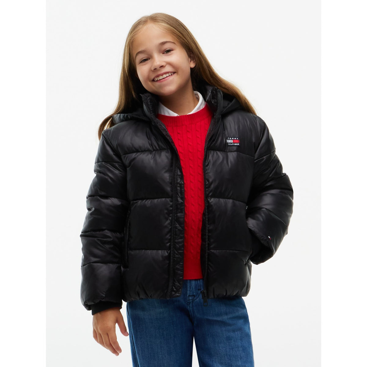 Tommy Hilfiger Black-Black Hooded Shiny Puffer Jakke