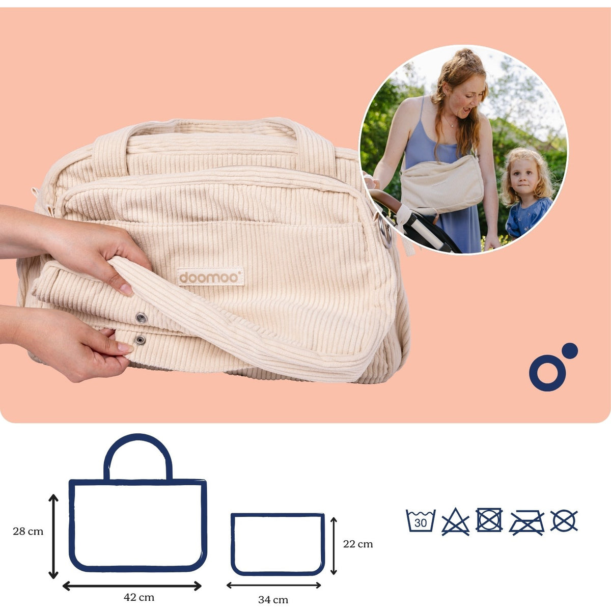 Doomoo Corduroy Sand Diaper Taske Med 8 Tilbehør