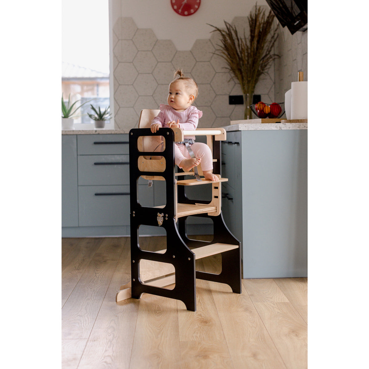 Duck Woodworks Black Foldbar EC Køkken Læringstårn Med Højstol Addon Sæt