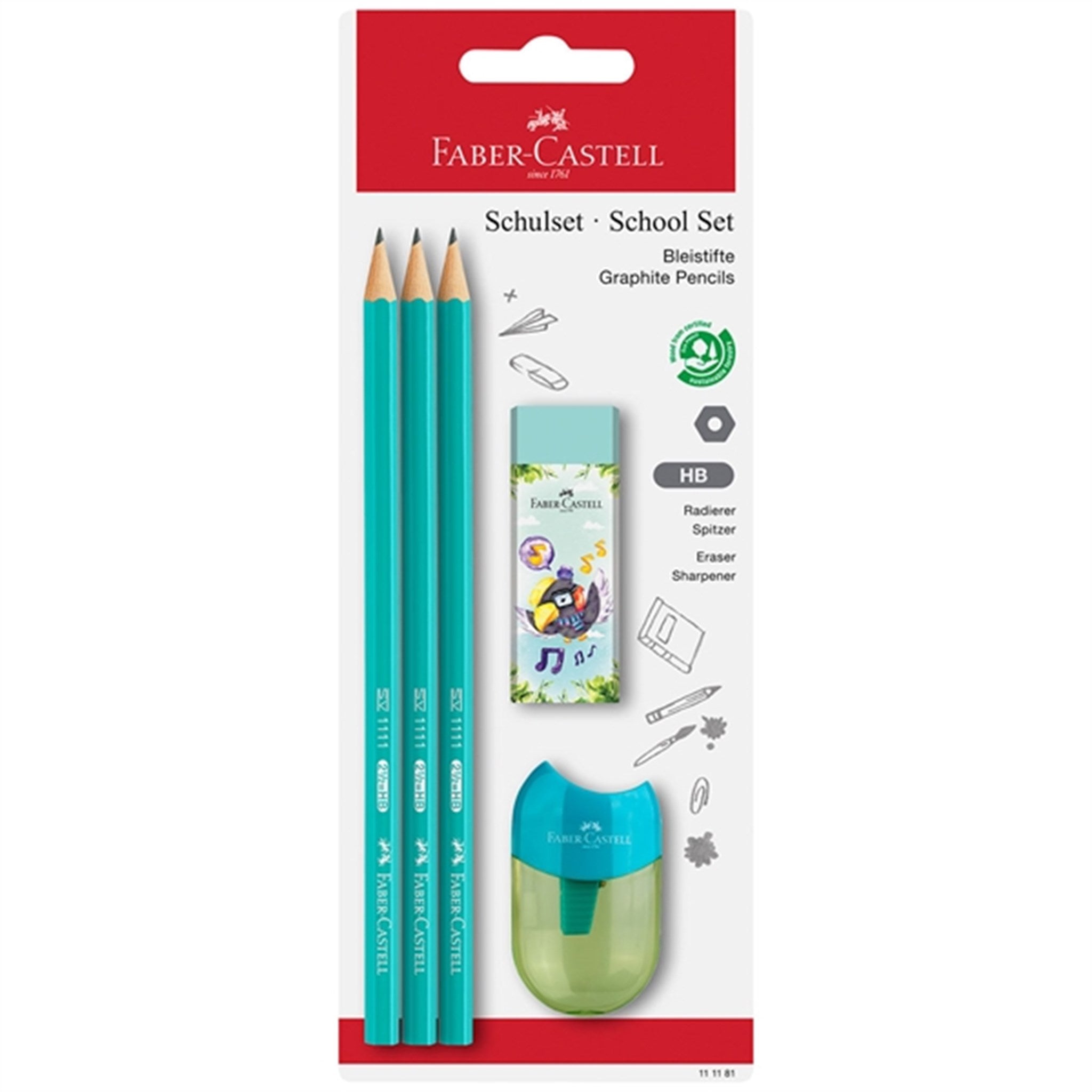 Faber-Castell 3 blyanter, 1 Spidser, Viskelæder Turkis