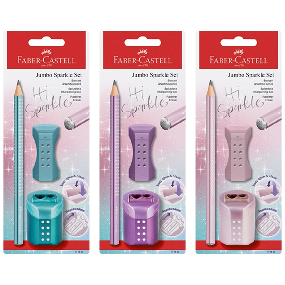 Faber-Castell Sparkle Jumbo Blyant, Viskelæder, Blyantspidser - Turkis