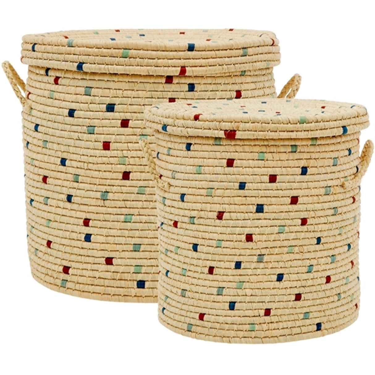 RICE Blue Details Rund Raffia Opbevaringskurv 2-pak