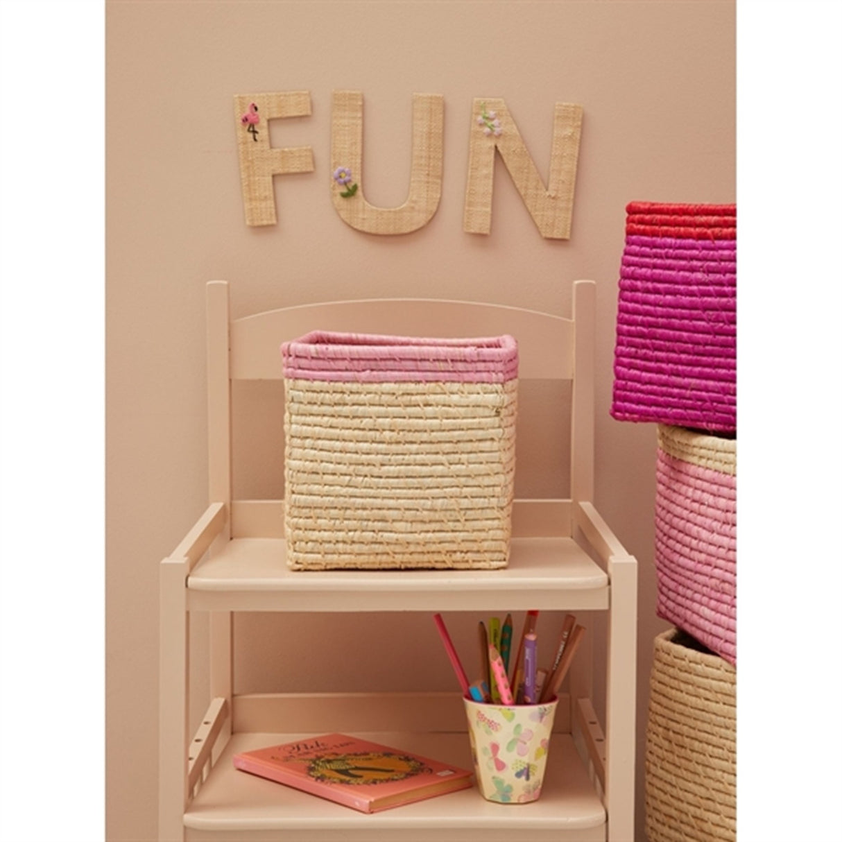 RICE Nature/Soft Pink Firkantet Opbevaringskurv Lille