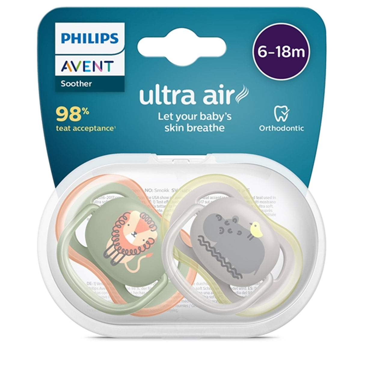 Philips Avent Ultra Air Sutter 6-18 mdr Løve/Flodhest 2-pak