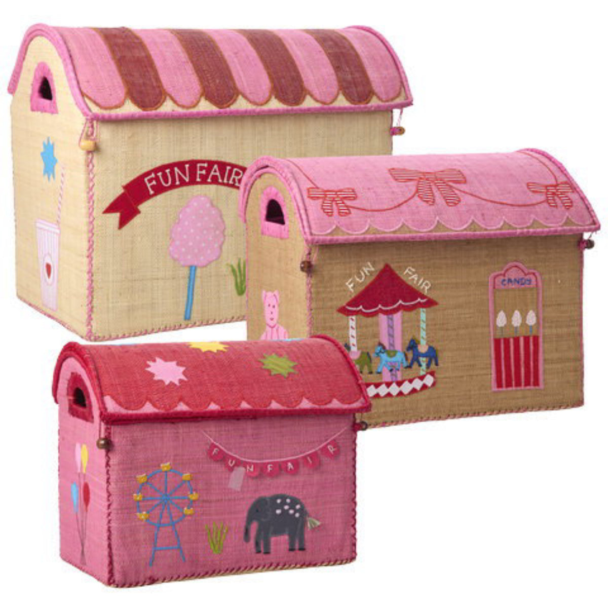 Rice Pink Fun Fair Theme Raffia Legetøj Kurve 3-Pak