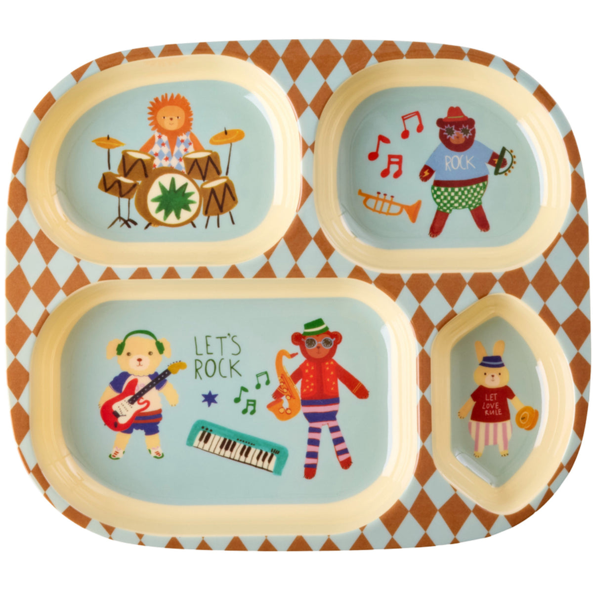 Rice Melamin Kids 4 Room Tallerken Med Blue Musik Band Print