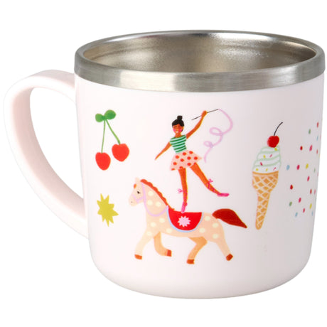 Rice Rustfrit Stål Baby Kop Med Handle And Fixed Betræk - Pink Fun Fair Print - 260 Ml
