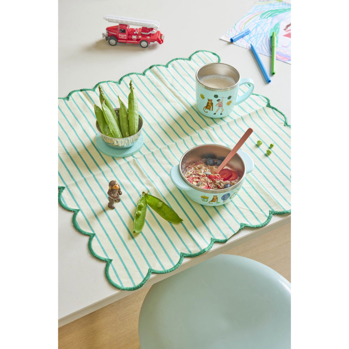 Rice Rustfrit Stål Baby Kop Med Handle And Fixed Betræk - Mint Fun Fair Print - 260 Ml