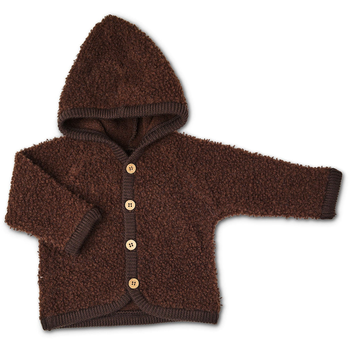 Smallstuff Brown Cardigan Bouclé Merino Wool W. Buttons And Hoodie