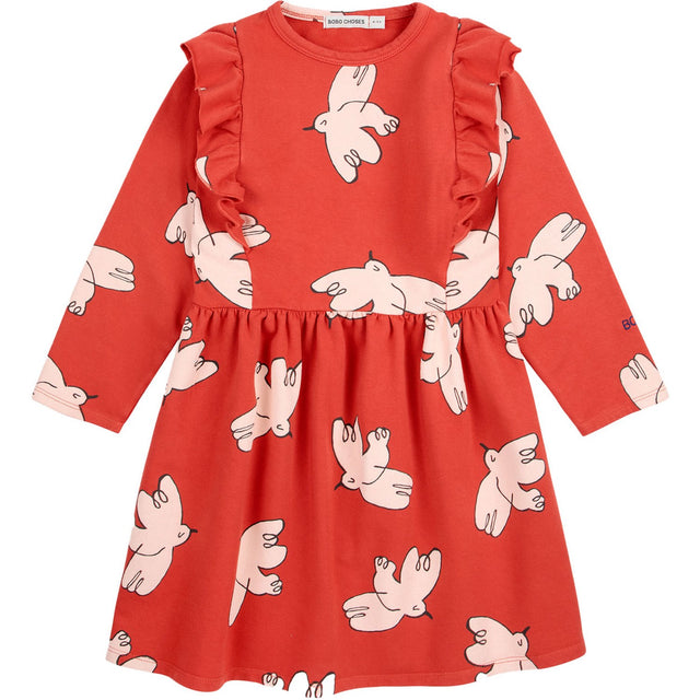 Bobo Choses Red Freedom Bird All Over Ruffle Kjole