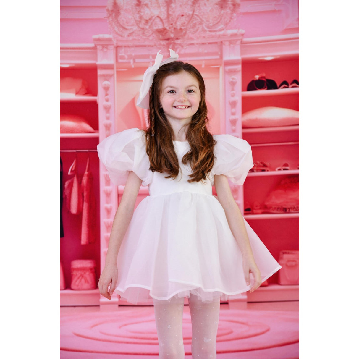 Dolly by Le Petit Tom White Dolly World V-Back Puff Sleeve Organza Tutu Kjole