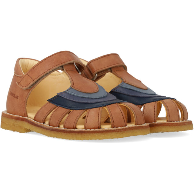 Angulus Tan/Navy/Indigo/Blue Fog Colourblock Regnbuesandal Med Velcro