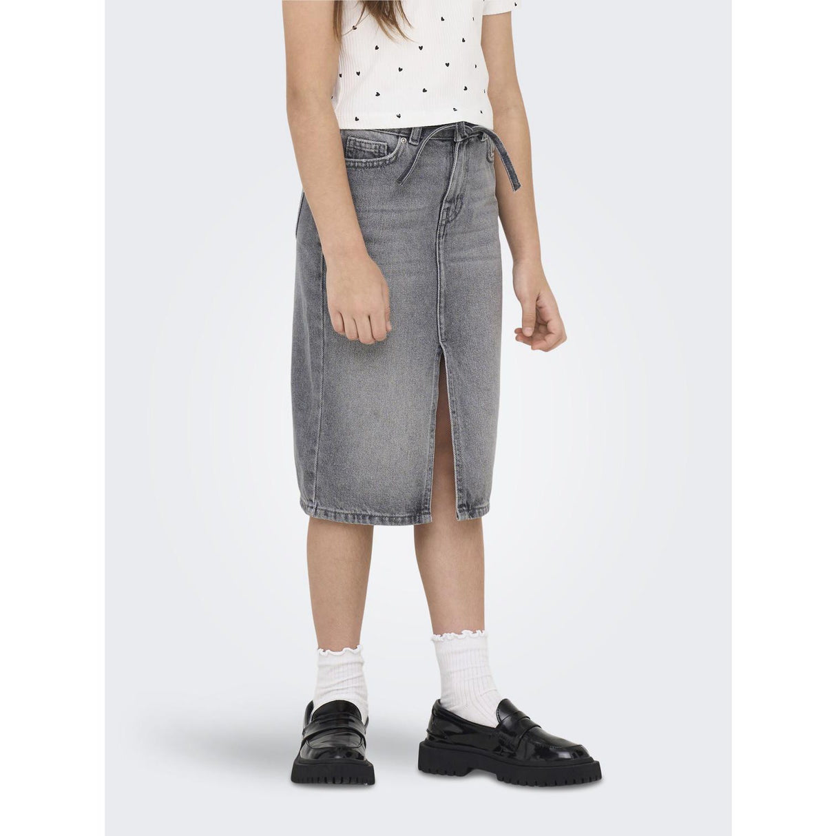 kids ONLY Medium Grey Denim Gianna Belted Midi Nederdel Dot Denim