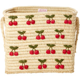 Rice Raffia Square Kurv Med Small Cherries All Over Embroidery - Raffia Håndtag