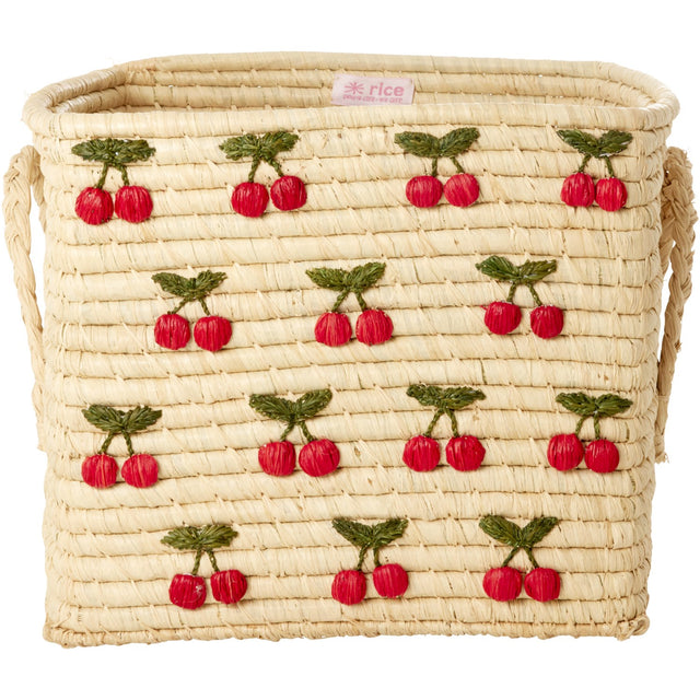 Rice Raffia Square Kurv Med Small Cherries All Over Embroidery - Raffia Håndtag