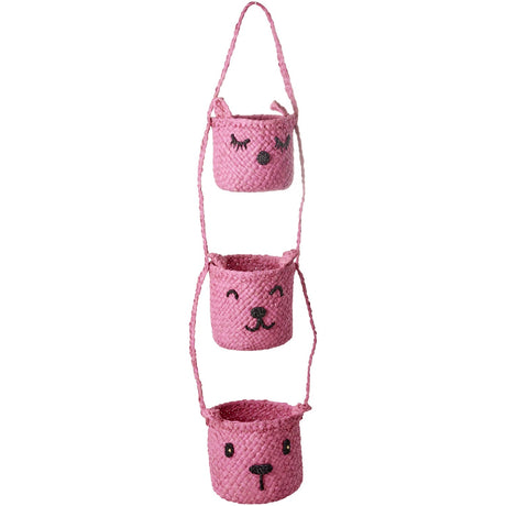 Rice Raffia 3-Tier Hanging Opbevaring Med Animal Faces I Pink